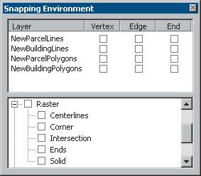 The snapping environment The raster snapping properties that support the manual vectorization process are located in the Editor Snapping Environment window under the Raster tree ArcScan supports