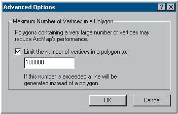 The Advanced Options dialog box allows you to specify the maximum number of vertices that will be used to construct polygon features during batch vectorization By default, this setting is enabled and