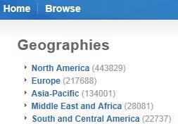 Geographies Clicking on the Geographies selection in the Browse By section of the Home tab will open the Geographies page. This page has a listing of 5 geographic areas.