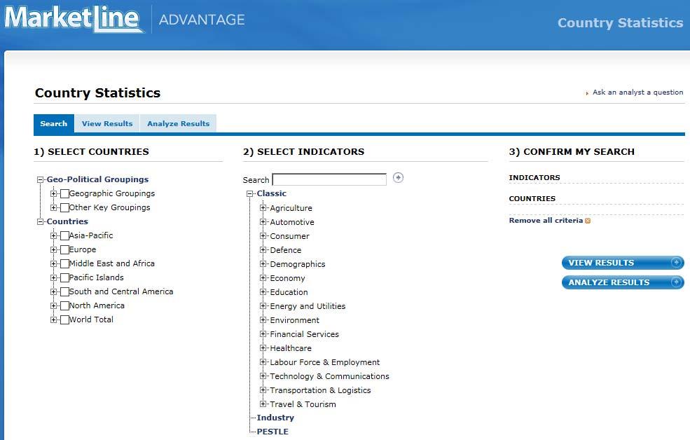 Databases Clicking on the Databases selection will open a Databases page with links to two databases: Country Statistics and Market Data Analytics.
