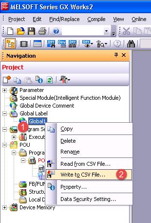 Tag Import The Mitsubishi FX Ethernet tag import accepts symbol files with extension csv created by the Mitsubishi GX Works2 (Not from GX Developer). The.csv file can be exported from the Project tree, as shown in Figure 4.