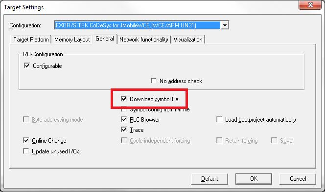 CODESYS Software Settings When creating the project in CODESYS, the option Download Symbol File (in Target Settings/General) must be checked.