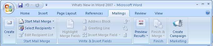 The Mailing tab is organized in five groups: Create, Start Mail Merge, Write & Insert Fields, Preview Results, and Finish. The Mailing command will allow you to create mass mailings.