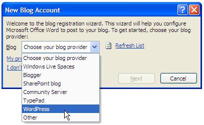 On the New Blog Account dialog, click the Blog list, and select your blog provider. Click Next. 5. Enter your Blog Post URL.
