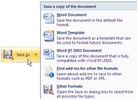 Save As The Save As command provides you with the options shown below. Save as allows you to save the document with another name, thereby creating a copy of the document.