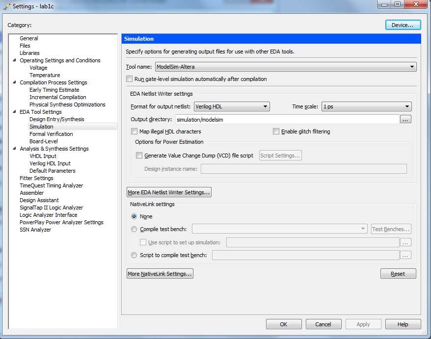 - Click Apply, and then click OK to exit the from the Settings window. Figure 3. Settings dialog box to set up the simulation environment 6. Make sure all previous ModelSim windows are closed.