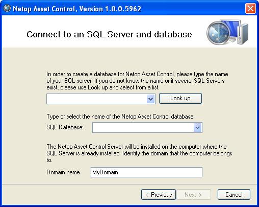 On the Connect to an SQL Server page, type the name of an existing SQL Server, type the name that you want to use for the new Netop Asset Control database, and type the name of the