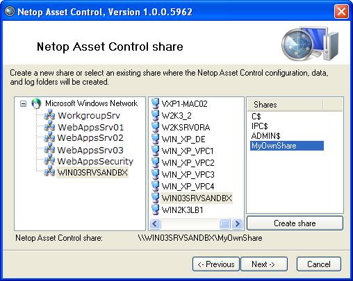 Install Netop Asset Control The share is used for the data share components like configuration, data, and log folders and also for the folder where the Agents deliver their data.