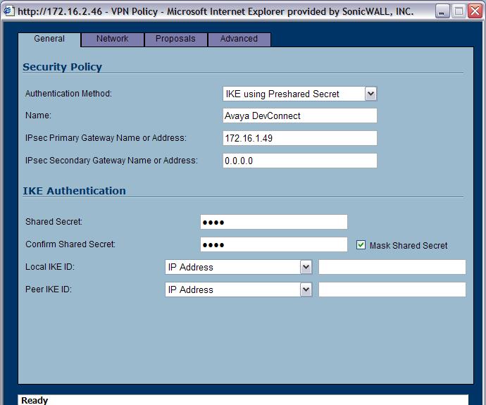 2. In the General tab of the Security Policy pop up window. Enter the following information for the VPN tunnel.