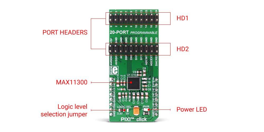 How does it work? The main component of PIXI click is the MAX11300 integrated circuit. The main feature of this IC is the proprietary PIXI technology.