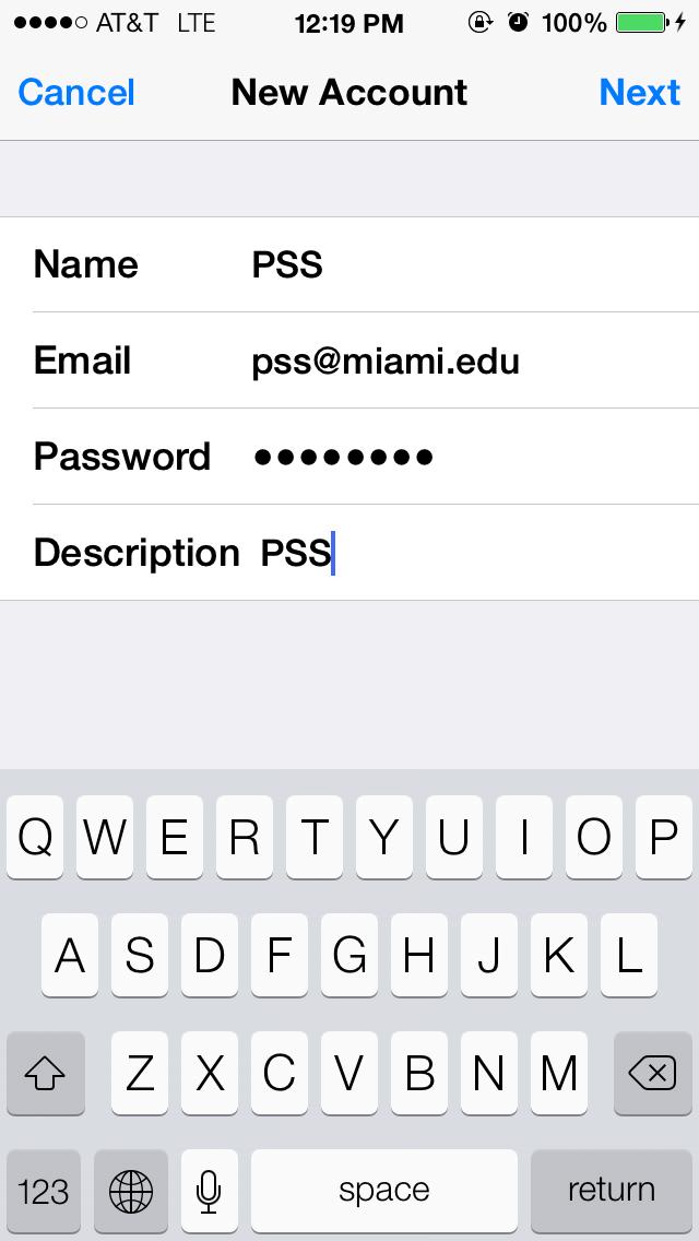4. Enter in the following information: Name field: Name of the Departmental Mailbox. Email: The shared mailbox address. (e.g. pss@miami.edu). Password: Your user account email password. (e.g. password for username@miami.