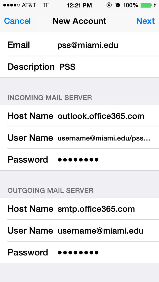 6. Under Incoming Mail Server enter the following information: Host name: outlook.office365.com User name: your email address/departmental mailbox email address (e.g. username@miami.edu/pss@miami.