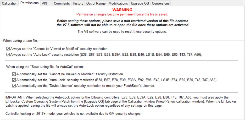 Tune File Security EFILive Cummins HD User Guide A range of tune file security options can be applied in the Permissions tab (or
