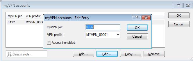 The item myvpn accounts is used to assign the myvpn PIN to the VPN profiles. Here you determine which VPN profile is to supply data to the myvpn app upon retrieval of the profile.