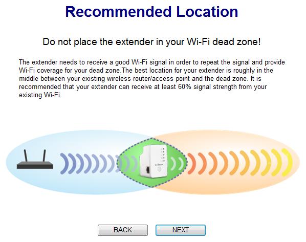 II-1. Wi-Fi Extender Mode 1. Please read the on screen instructions about selecting a good location for your wireless extender and then click NEXT to continue.