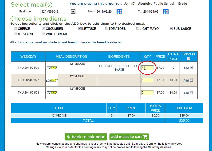 Once you ve chosen all of the ingredients you wish to include, you must add the meal to your order so that it shows in the pricing table at the bottom of the page.