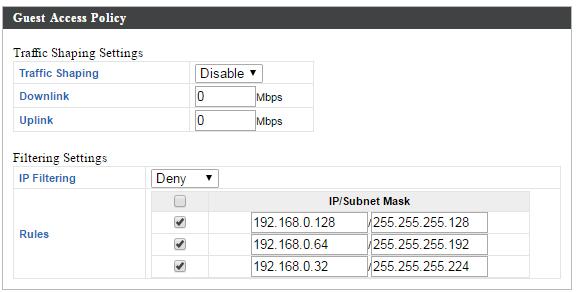 Guest Network 5GHz SSID Guest Network Guest Access Policy Traffic Shaping Filtering Settings Select the SSID that you want to apply the Guest Network settings to Enable or Disable Guest Network