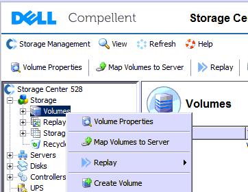 Creating a new volume 1. Click on the + sign next to Storage to expand the Storage view. Right-click Volumes and select Create Volume. 2.