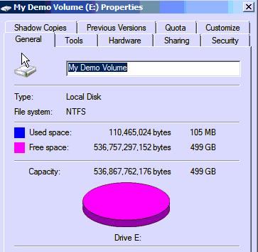 11. Right-click the new Volume in Windows Explorer, and select Properties. Note: 105 MB has been used to create and journal the NTFS filesystem. 12.