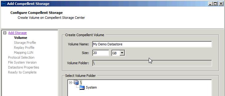 4. Type My Demo Datastore in the Volume Name field. a. Leave all other settings as default. b. Click Next.