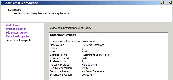 11. Click Finish to accept all the Datastore Settings listed in the summary. 12.