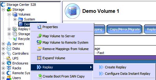 Creating a Manual Replay 1. Open Storage Center GUI, right-click Demo Volume 1, select Replay > Create Replay. 2. Click Create Now. Leave all settings as default.
