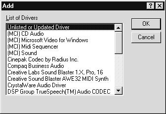 6. Select Unlisted or Updated driver and click OK. 7. Next, insert the Microsoft Windows NT CD-ROM disk and type D:\DRVLIB\MULTIMED\JOYSTICK\x86 (where D: is your CD-ROM drive). 8. Click OK. 9.