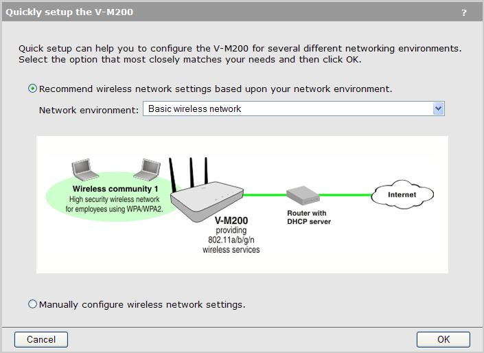 HP V-M200 802.11n Access Point Quickstart 4 Configure a simple wireless network This procedure uses the first option, Basic wireless network, as an example. Select Basic wireless network and then OK.