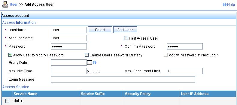 Figure 5-10 Add service # Add account. Select the User tab, and then select Users > All Access Users from the navigation tree to enter the user page.