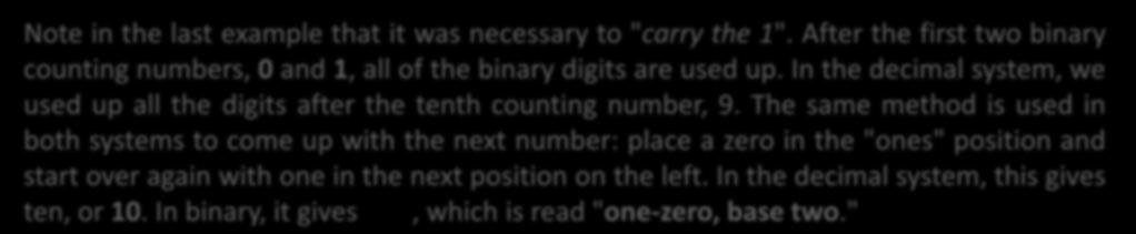 Binary Addition Adding two binary numbers together is easy, keeping in mind the following four addition rules:! Note in the last example that it was necessary to "carry the 1".