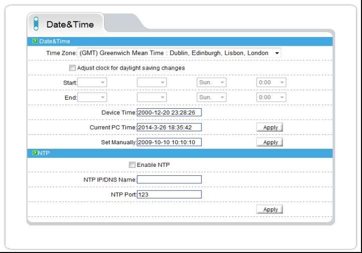 2.5.6 Date & Time Camera date & time parameters are set through this tab. Manual entry, Time Zone, P.C. time sync and NTP server connection, are available options for setting the camera time.
