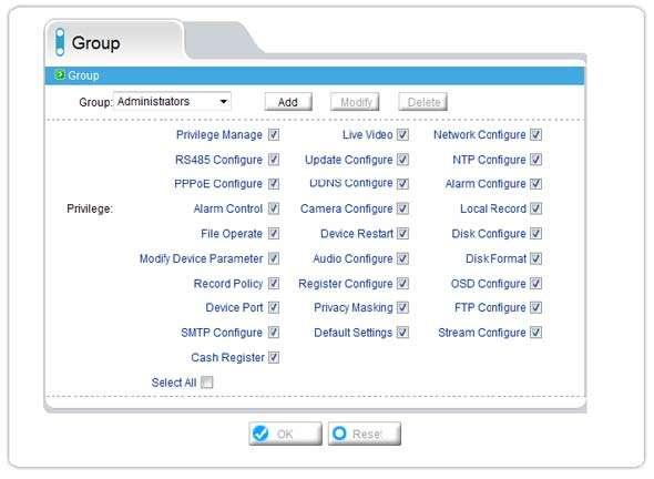 2.12 Privilege Manager 2.12.1 Group Authority Setting Groups with different privilege levels can be created to protect the camera from access and unauthorized