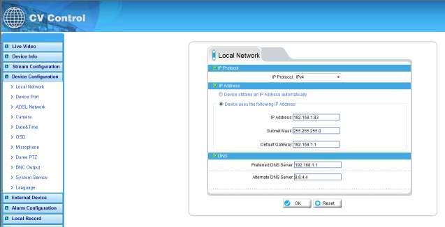2.5.1 Local Network Camera network IP address and related settings are controlled through this menu.