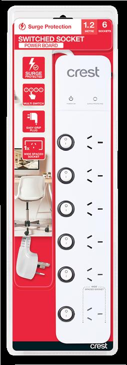 SURGE PROTECTION Switched Socket Power Board with Surge Protection 6 Socket surge protection board Individual ON/OFF switches Ideal to protect your appliances