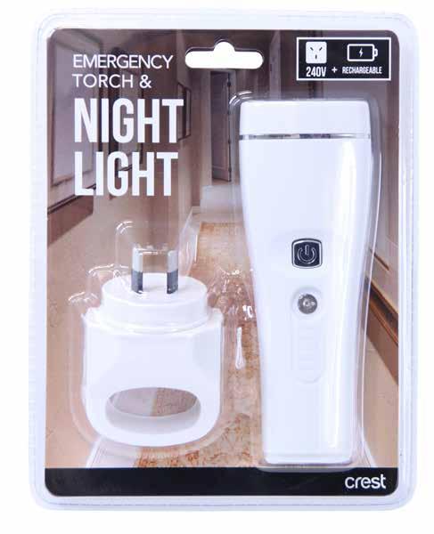 NIGHT LIGHT RANGE Emergency Torch & Night Light Night light automatically turns on at dusk and goes off at dawn Can be used as Automatic night light, Power failure light and Detachable torch Ideal