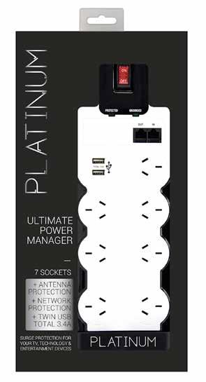 Platinum 7 Socket Surge Protector + Twin USB, Antenna & Network Protection 710V clamping voltage 6,000V maximum spike voltage 144,000A maximum amp current <1 nanosecond response time 3672 joule