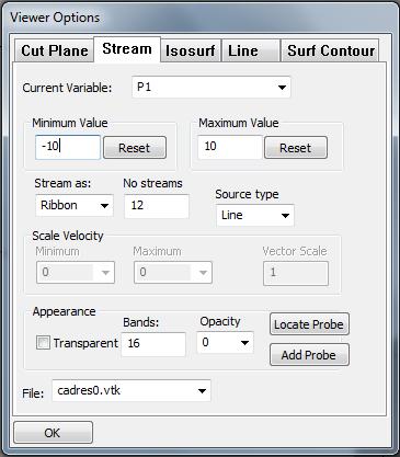 Figure 20: Streamlines Results Panel This panel allows the number of streamlines, the type of stream line and the source type to be changed, as well as the other the same variable and range options