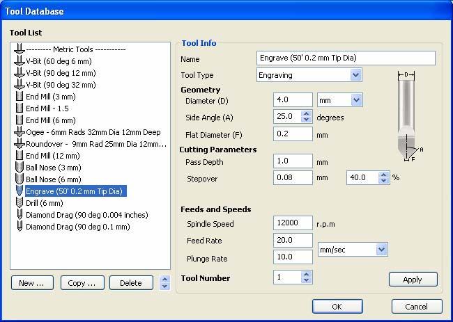 to send to the machine Quick Engrave parameters Click on the Select button to open the Tool Database and select the tool shown