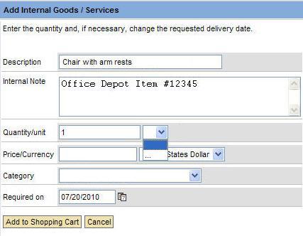 Type the item description (ex. Chair with arm rests) In the Internal Note field, Type the vendor name and the item number (ex.