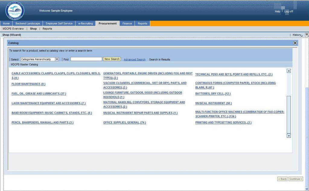 Step 1 - Select Goods/Service Search for goods/services using an individual Catalog. on the desired catalog (ex. M-DCPS CATALOG) The list of categories will display.