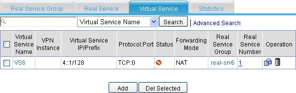 Creating a virtual service 1. Select Load Balance > Server Load Balance > IPv6 from the navigation tree. 2. Click Virtual Service. The virtual service page appears.