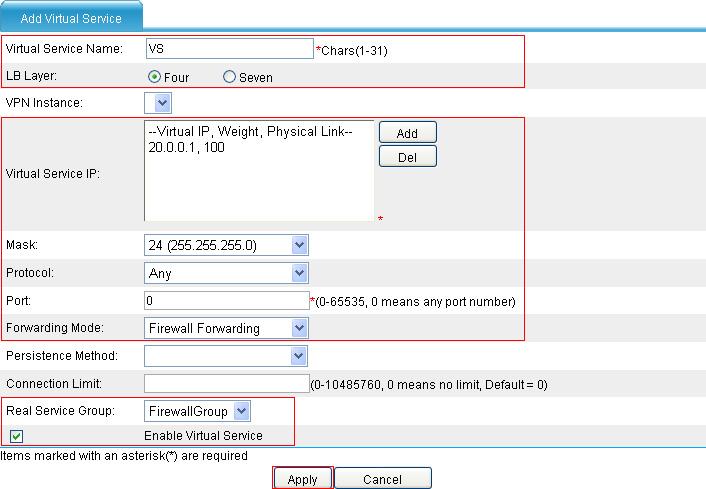 Figure 48 Creating virtual service VS Configuring LB module B Assume that the IP addresses of the interfaces on LB module B and the zones to which they belong have been configured. 1.