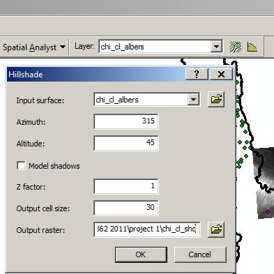 12. Create a hillshade (save in your M: drive). There are two ways in ArcGIS9.3. Easiest is from the Spatial Analyst toolbar.