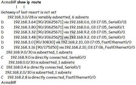 Real 68 A packet with a source IP address of 192.168.2.4 and a destination IP address of 10.1.1.4 arrives at the AcmeB router. What action does the router take? A. forwards the received packet out the Serial0/0 interface B.