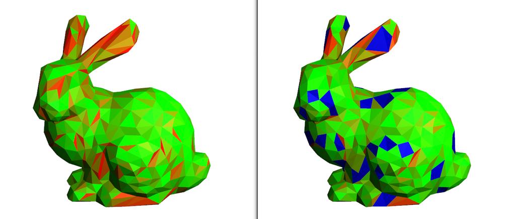 Figure 11: On the left is a bunny with the quality visualization, and on the right is an example of the vertex ordering bug.