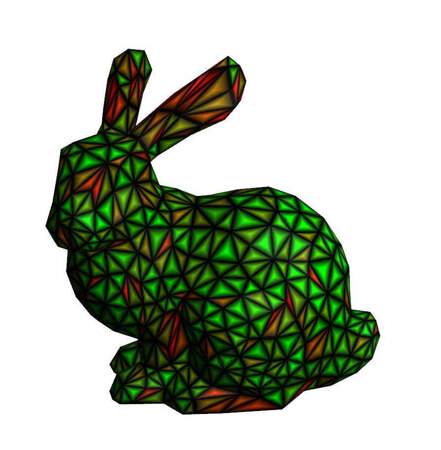Figure 4: This bunny mesh is colored using the quality visualization. It can be seen that more irregular elements are more red and elements that are closer to equilateral are green.