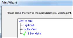 Printing a 9 Box Matrix OrgPublisher 10.1 End User Help Succession Planning for Administrators You can print the 9 Box Matrix which is, typically, included in succession charts. 1. Open your chart then open the 9 Box Matrix.