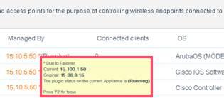 During a failover scenario, the Wireless pane displays the following information in the Managed By column for managed WLAN devices that are currently failed over to a recipient Appliance: <current