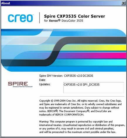 New Features 13 7. When the Spire CXP3535/CXP3535e color server software launches, from the Help menu, select About.