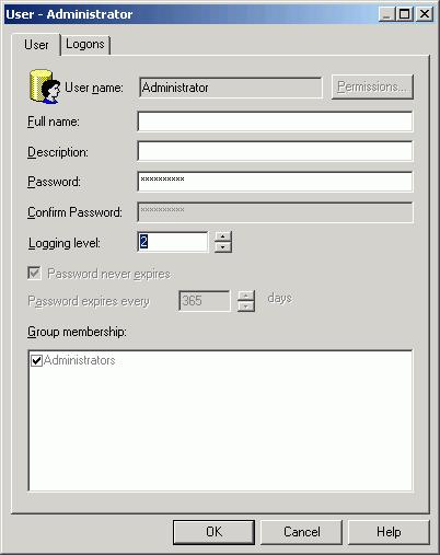 3) In the right pane, double-click Administrator. The User dialog box opens. Verify that the User tab is selected.